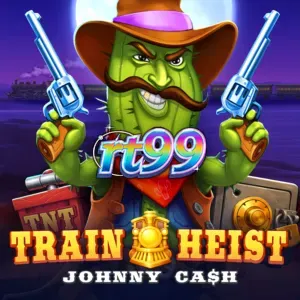 Tampilan antarmuka slot Train Heist Johnny Cash dengan grid 7x7 dan elemen bertema koboi.