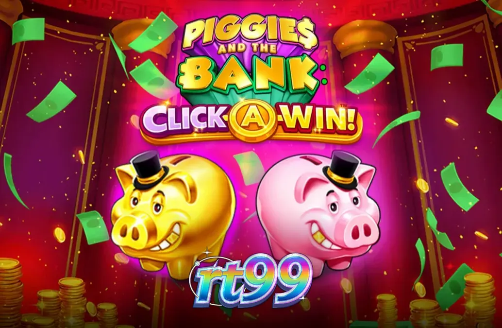 Tampilan visual karakter babi dalam permainan slot Piggies and the Bank: Click-A-Win